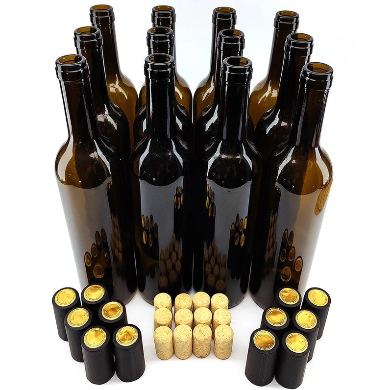12 Pack 750mL Wine Bottles - Including Corks, Black Heat Shrink Sleeves & Hand Crafted Labels