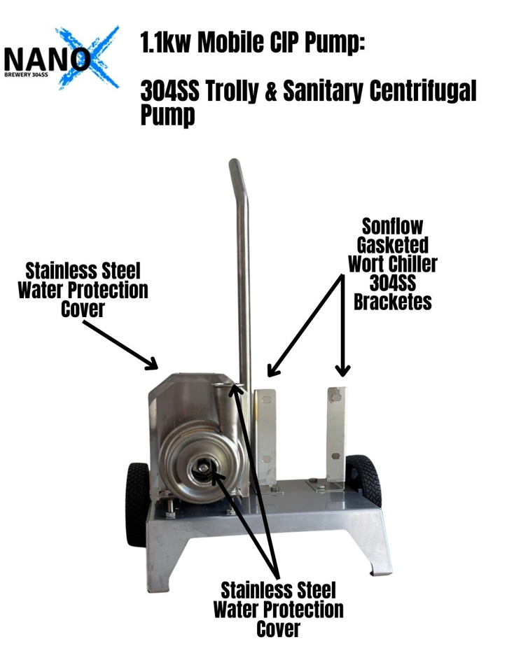 1.1kw 230v to 240v Single Phase Centrifugal Pump + 304SS Trolley & 304SS Sonflow Chiller Mounting Brackets: Mobile CIP Pump