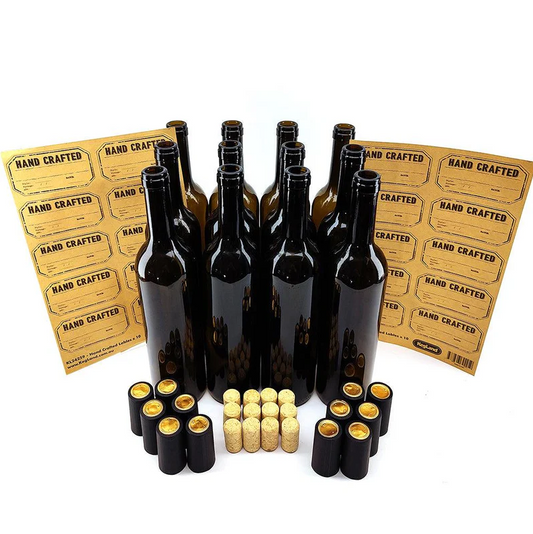 12 Pack 750mL Wine Bottles - Including Corks, Black Heat Shrink Sleeves & Hand Crafted Labels