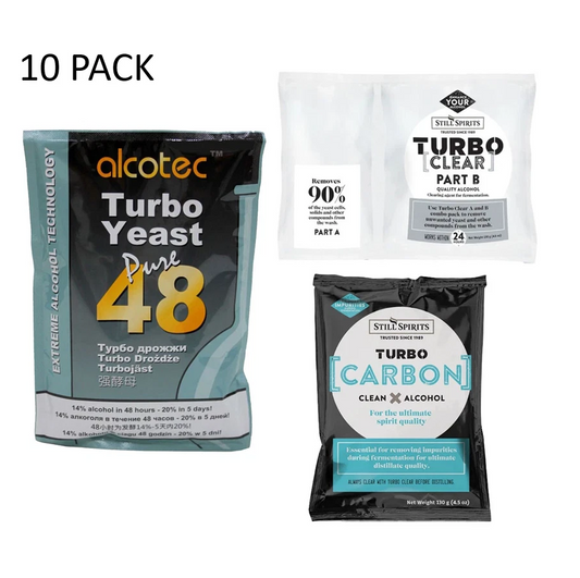 10 Pack Alcotec 48 Hour Turbo Yeast w/ Still Spirits Turbo Carbon Clear Pack