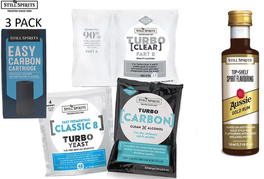 3 Pack S/S Turbo Classic 8 Yeast, Carbon, Clear, EZ Filter & Aussie Gold Essence