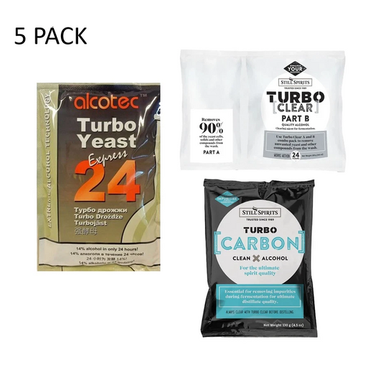 5 Pack Alcotec 24 Hour Express Turbo Yeast Still Spirits Turbo Carbon & Clear