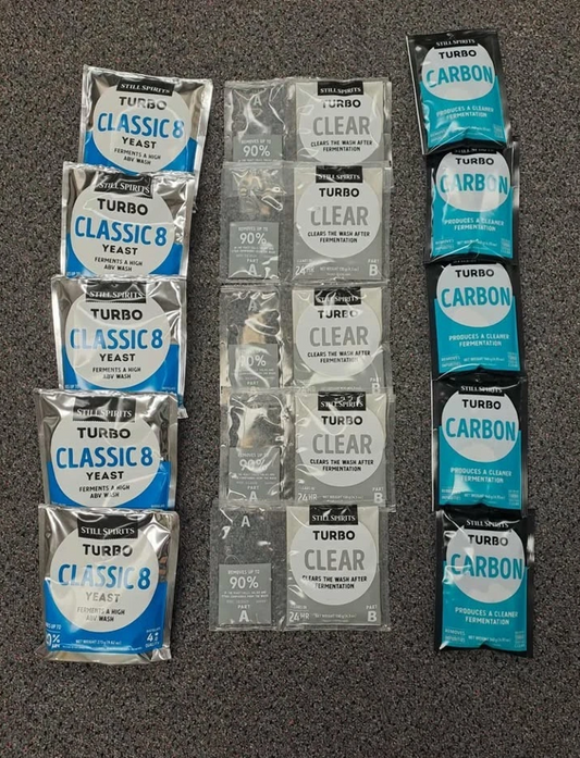 5 Pack Turbo Distilling Combo Turbo Carbon, Classic 8 Turbo Yeast & Turbo Clear