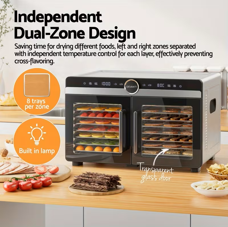 Devanti 16 Trays Food Dehydrator Dual-Zone Stainless Steel