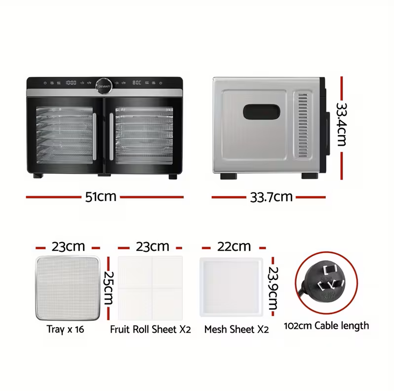 Devanti 16 Trays Food Dehydrator Dual-Zone Stainless Steel
