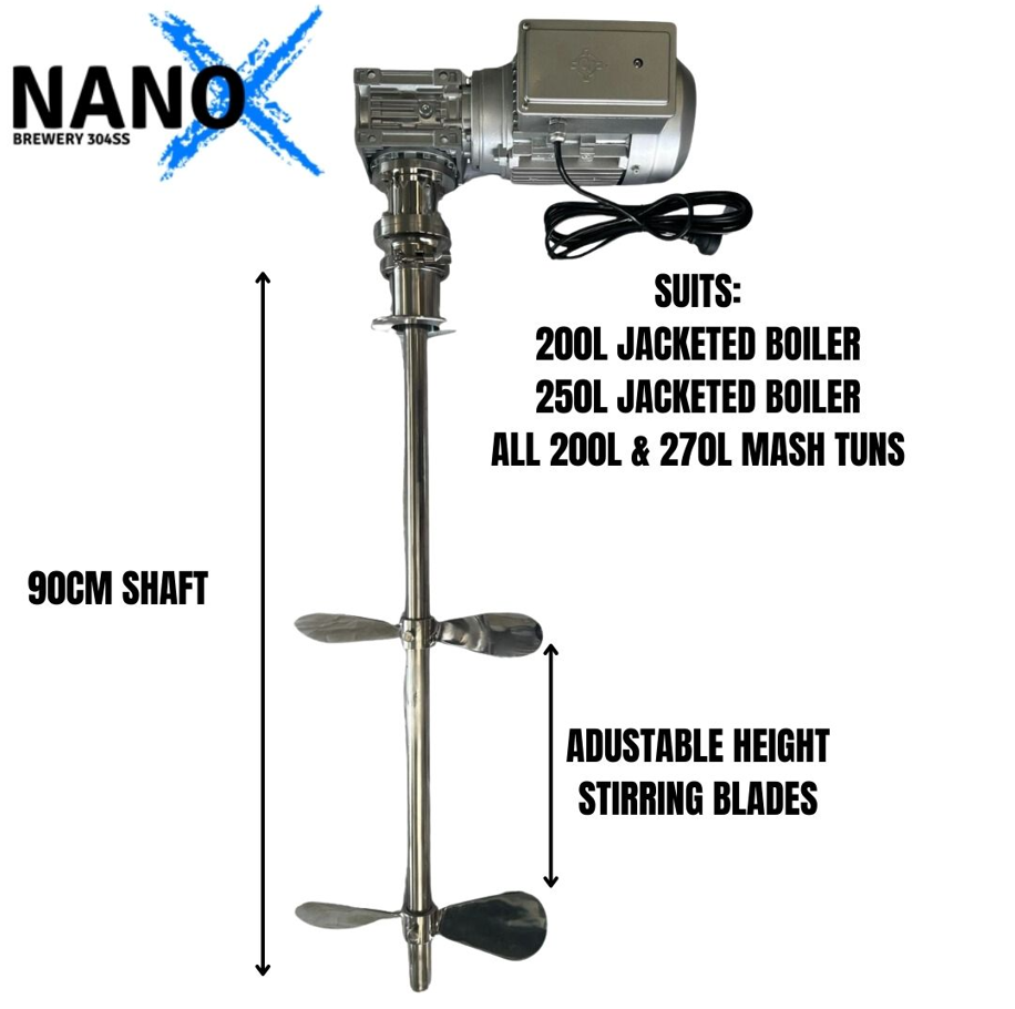 NANO-X Mash Tun, Brew Kettle or Jacketed Boiler Agitator: Suits 200L to 450L vessels – 240v Single Phase