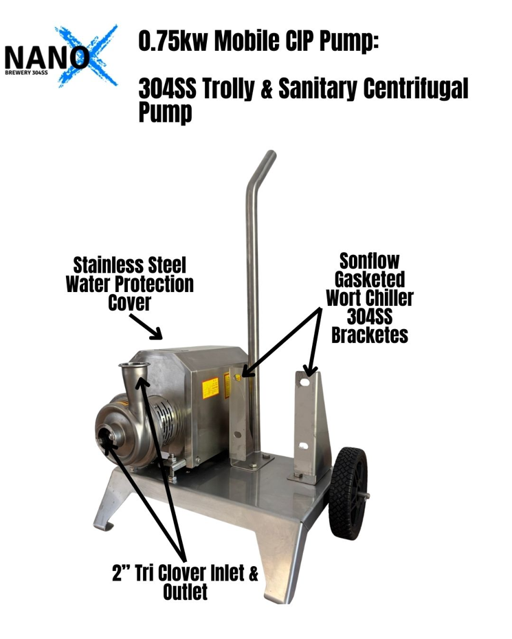 0.75kw 230v to 240v Single Phase Centrifugal Pump + 304SS Trolley & 304SS Sonflow Chiller Mounting Brackets: Mobile CIP Pump